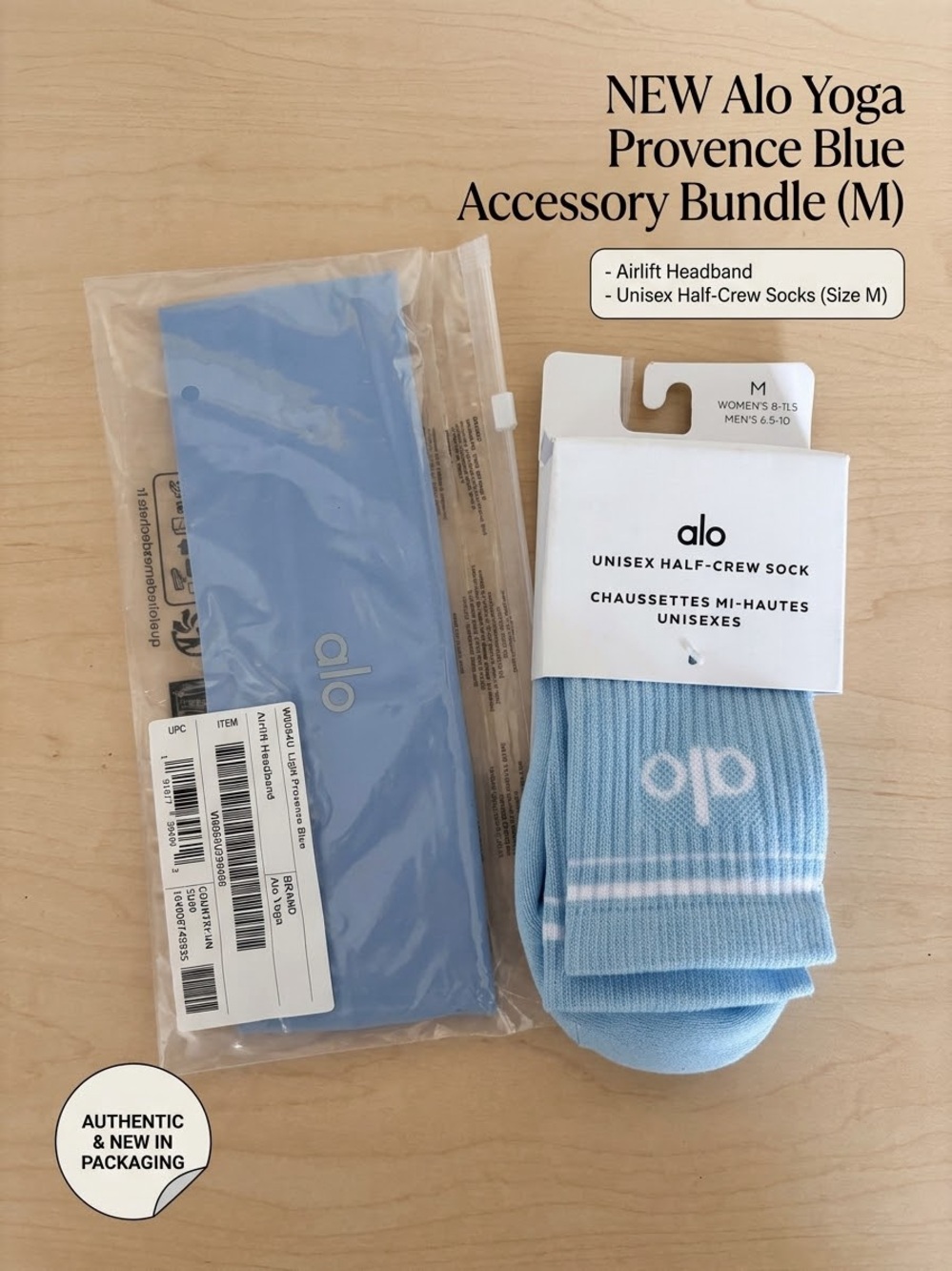 Alo Provence Blue Accessory Bundle – 2px Headband Unisex Half-Crew Socks (M)